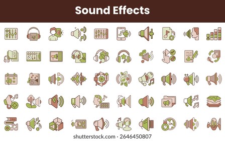 A collection of sound effect icons in various styles, featuring headphones, speakers, sound waves, and musical notes. Perfect for audio design projects.
