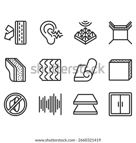 A collection of soundproofing icons. Thin line style vectors. Contains icons such as soundproofing foam, doors, speakers, and more.