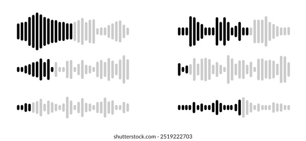 Uma coleção de ícones de ondas sonoras em preto e cinza, exibindo frequências de áudio e formas de onda variadas, ideais para projetos de design de som e mídia.