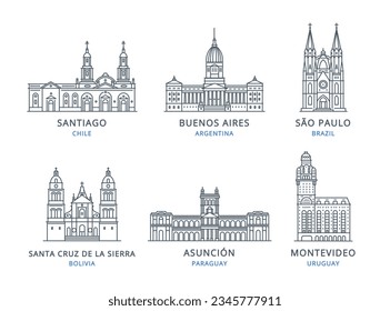 Collection of South America city outline icons with urban landmarks. Linear illustration of modern city symbols by SANTIAGO, BUENOS AIRES, SÃO PAULO, SANTA CRUZ DE LA SIERRA, ASUNCIÓN, MONTEVIDEO.