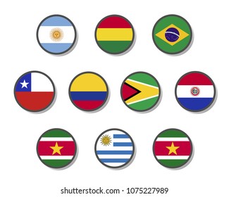 Collection of South America flag circle sticker badge label with silver border set on color scheme background