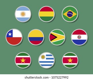 Collection of South America flag circle sticker badge label with silver border set on color scheme background