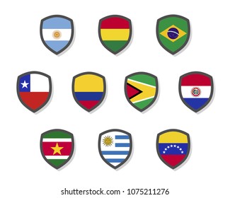 Collection of South America shield flag sticker badge label with black border set on color scheme background