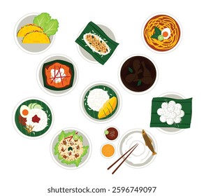 A collection of Southeast Asian traditional cuisine illustrations, showcasing iconic dishes, Perfect for food menus, culinary blogs, cultural events, travel guides, and recipe books
