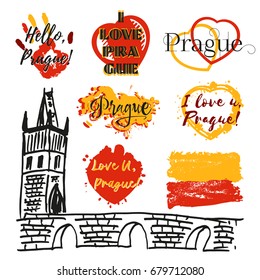 Collection of souvenir prints with lettering about Prague in shape of hearts, hand and flag from paint splashes in yellow red. Sketch of Charles bridge as one of symbol of Prague. Vector illustration