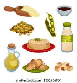 Collection of soy products on white background.