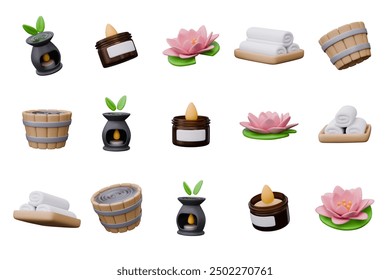 Collection of spa elements in 3D style. Isolated templates in different positions