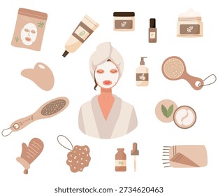 Coleção de itens de SPA.Ilustração para procedimentos cosméticos ou salões. Uma menina usando um turbante de toalha e uma máscara de tecido no rosto, cercada por flores e plantas. Vetor