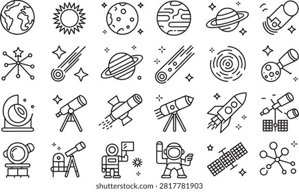 Collection of space astronomy and celestial exploration icons isolated on transparent background