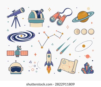 Collection of space and astronomy elements featuring telescope, observatory, binoculars, Saturn planet, galaxy, constellation, shooting stars, satellite, astronaut helmet, rocket, treasure map, and crystals. Perfect for science, education, exploration, and space travel themes, on white background. Vector illustration.