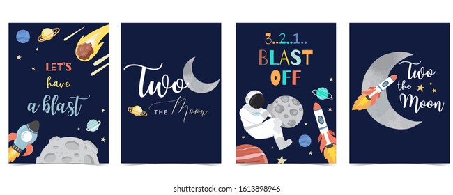 Sammlung von Raumhintergrund-Set mit Astronaut, Sonne, Mond, Stern, Rakete.Bearbeitbare Vektorillustration-Illustration für Website, Einladung, Postkarte und Aufkleber.Umfassen Sie den Wortlaut zwei des Mondes, blast off