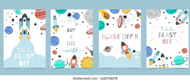 Collection of space background set with astronaut, sun, moon, star,rocket.Editable vector illustration for website, invitation,postcard and sticker.Include wording out of this world,blast off