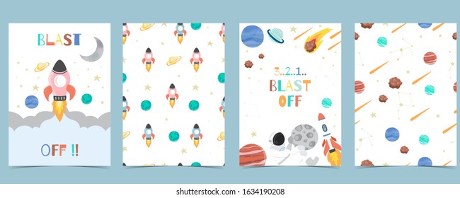 Collection of space background set with astronaut, sun, moon, star,rocket.Editable vector illustration for website, invitation,postcard and sticker.Include wording blast off