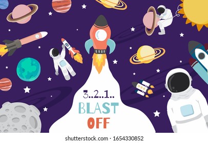 Kollektion von Raumhintergrund mit Astronaut, Planet, Mond, Stern, Rakete.Bearbeitbare Vektorillustration für Website, Einladung, Postkarte und Aufkleber.Einschließlich Wortexplosion