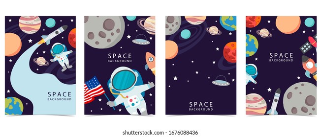 Colección de fondo espacial con astronauta, planeta, luna, estrella, cohete.Ilustración vectorial editable para sitio web, invitación, postal y pegatina