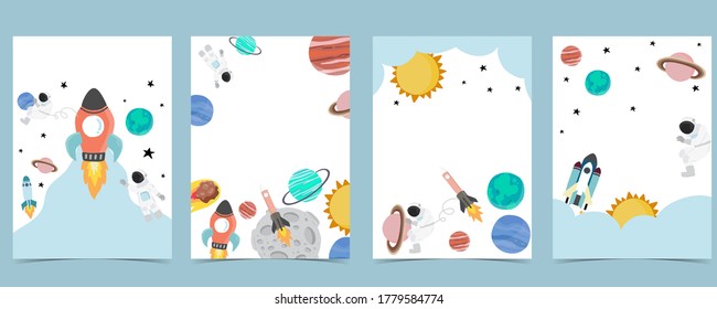 Colección de fondo espacial con astronauta, sol, luna, estrella, cohete.Ilustración vectorial editable para sitio web, invitación, postal y pegatina