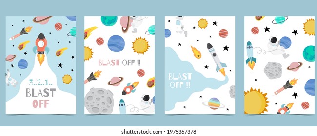 Collection of space background set with astronaut, sun, moon, star,rocket.Editable vector illustration for website, invitation,postcard and sticker.Include wording blast off