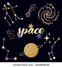 Collection of space background set with galaxy, planet, constellation and stars. Vector illustartion for print, card, invitation etc