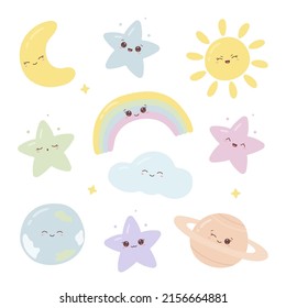 Collection of space and celestial elements with funny faces. Cute kawaii planets, stars, rainbow, sun, crescent and cloud. Vector Illustration
