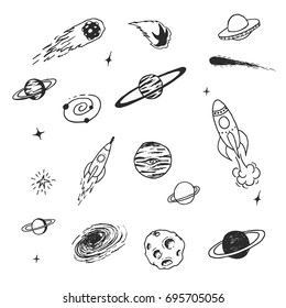 Collection of space cosmic object isolated on white background.Different planets ,rockets and asteroids. Doodle vector set