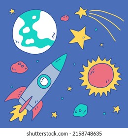 Collection of Space, earth, planets, satellite, star and rocket in cartoon style on blue background, vector illustration