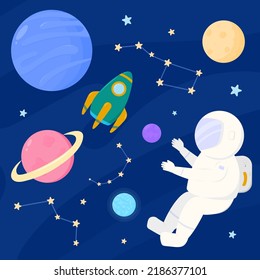 Collection with space elements. Space, planets, rocket, constellations and astronaut. Vector illustration