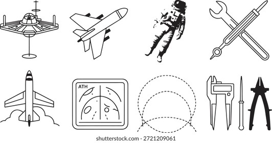 Colección de iconos espaciales y de ingeniería, incluidas herramientas de astronautas de naves espaciales y naves espaciales de radar alienígenas