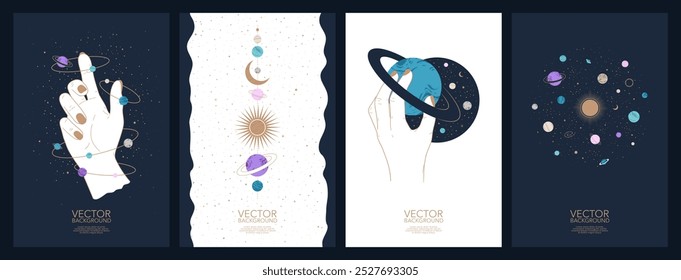 Coleção de cartões mágicos esotéricos e pôsteres do espaço. Astrologia, ocultismo e conceito de alquimia em estilo boho. Desenho desenhado à mão para banner web, layout, capa, livreto, folheto, modelo de mídia social