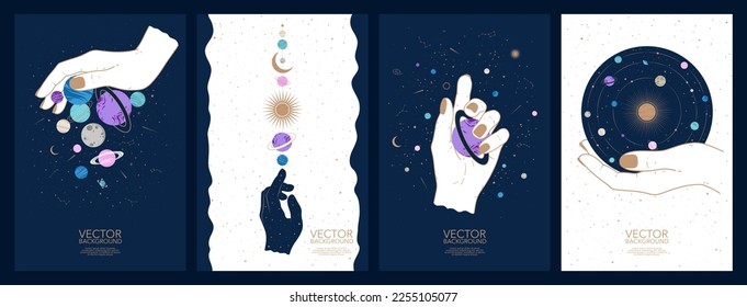 Collection of space esoteric mystery magic cards and posters. Hand drawn mysterious vector illustrations. Astrology, occultism and alchemy concept in boho style.