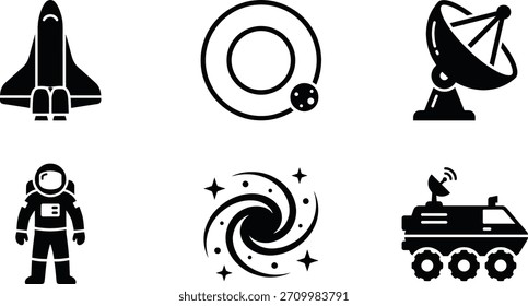 Eine Sammlung von Ikonen der Weltraumforschung mit einem Space Shuttle, einem umlaufenden Planeten, einer Satellitenantenne, einem Astronauten, einer Galaxie und einem Mondravern, alles in einem sauberen, Vektorstil.