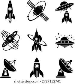 Una colección de íconos de la exploración espacial, incluyendo cohetes, satélites y ovnis.