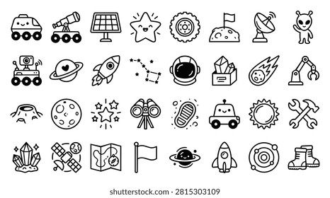 A collection of space and exploration themed icons featuring rockets, planets, astronauts, rovers, and celestial bodies in a simple black and white line art style.