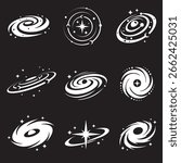 collection of space galaxy icon isolated on black background
