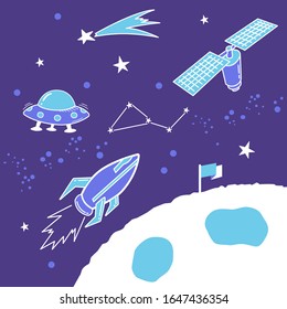 Collection of space. Hand drawn outer space with rocket. 