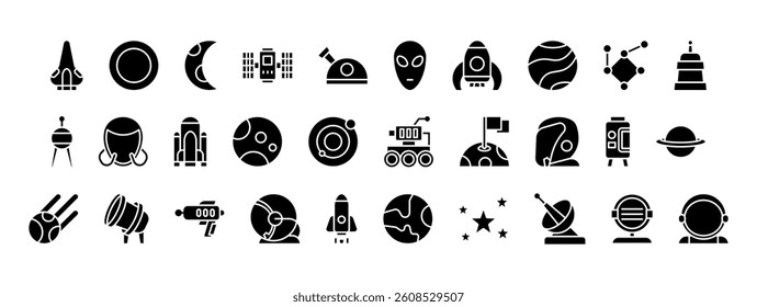 Collection of Space Icons Depicting Planets, Stars, and Astronomical Phenomena in a Minimalist Style