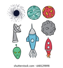 collection of space icons or elements with meteor, planets, rocket and alien