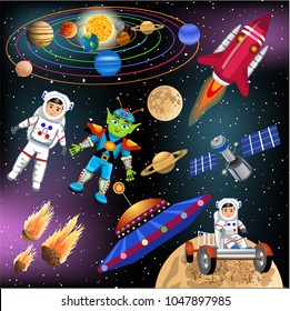 collection of space icons on universe background with stars and planets
