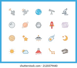 Collection of space and linear icons. Set of UFO, meteor symbols drawn with thin contour lines. Vector illustration.