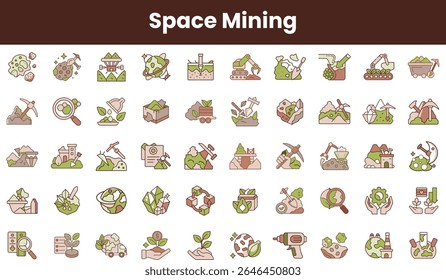 A collection of space mining-themed icons featuring various activities like digging, transporting, and processing, showcasing innovation and sustainability in a cohesive design.