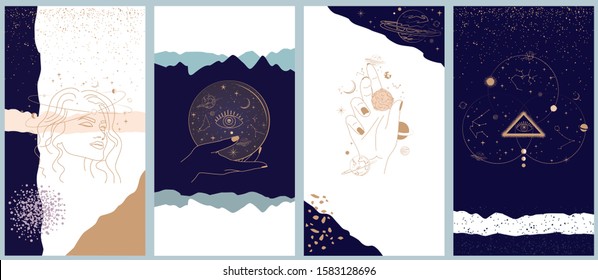 Collection of space and mysterious illustrations for stories templates, Mobile App, Landing page, Web design in hand drawn style. Magic, occultism and astrology concept. 