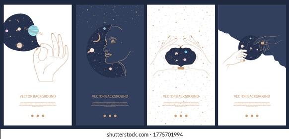 Collection of space and mysterious illustrations for stories templates, Mobile App, Landing page, Web design in hand drawn style. Magic, occultism and astrology concept. 