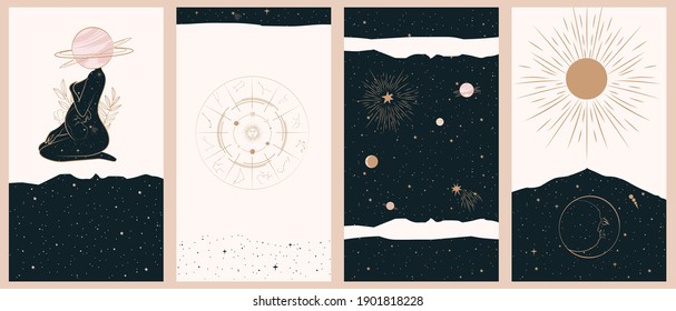 Colección de espacio e ilustraciones misteriosas para plantillas de historias, aplicación móvil, página de aterrizaje, diseño web con estilo dibujado a mano. Magia, ocultismo y concepto de astrología. 