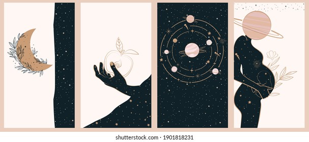 Collection of space and mysterious illustrations for stories templates, Mobile App, Landing page, Web design in hand drawn style. Magic, occultism and astrology concept. 