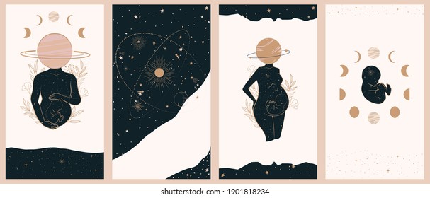 Collection of space and mysterious illustrations for stories templates, Mobile App, Landing page, Web design in hand drawn style. Magic, occultism and astrology concept. 