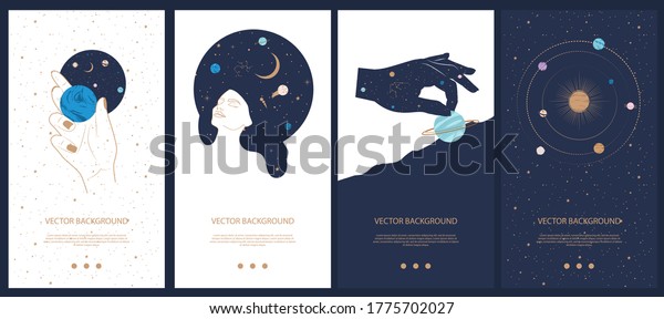 Collection of space and\
mysterious illustrations for stories templates, Mobile App, Landing\
page, Web design in hand drawn style. Magic, occultism and\
astrology concept. 