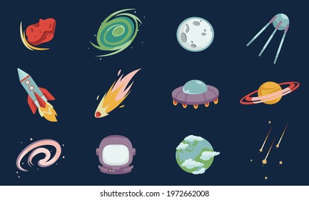 Collection of space objects. Celestial cliparts in cartoon style