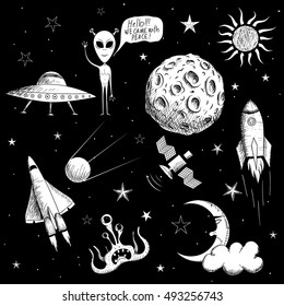 Collection of space objects isolated on black background. Hand drawn style.Vector illustration