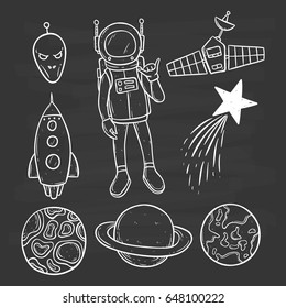 collection of space objects with satellite, star, planets and astronaut on chalkboard background