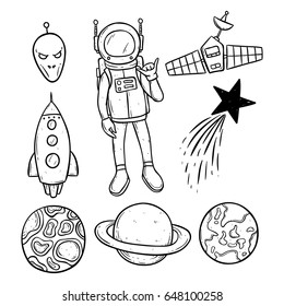collection of space objects with satellite, star, planets and astronaut