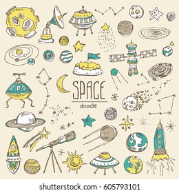 Collection of Space objects and symbols: space rocket, space satellite, planet, moon, planet earth, asteroids, spaceship, star, telescope, constellation, comet. Hand drawn doodles illustration.